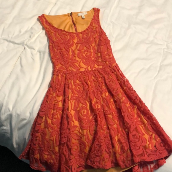 love, Fire Dresses & Skirts - Salmon Lace Fit and Flare Dress